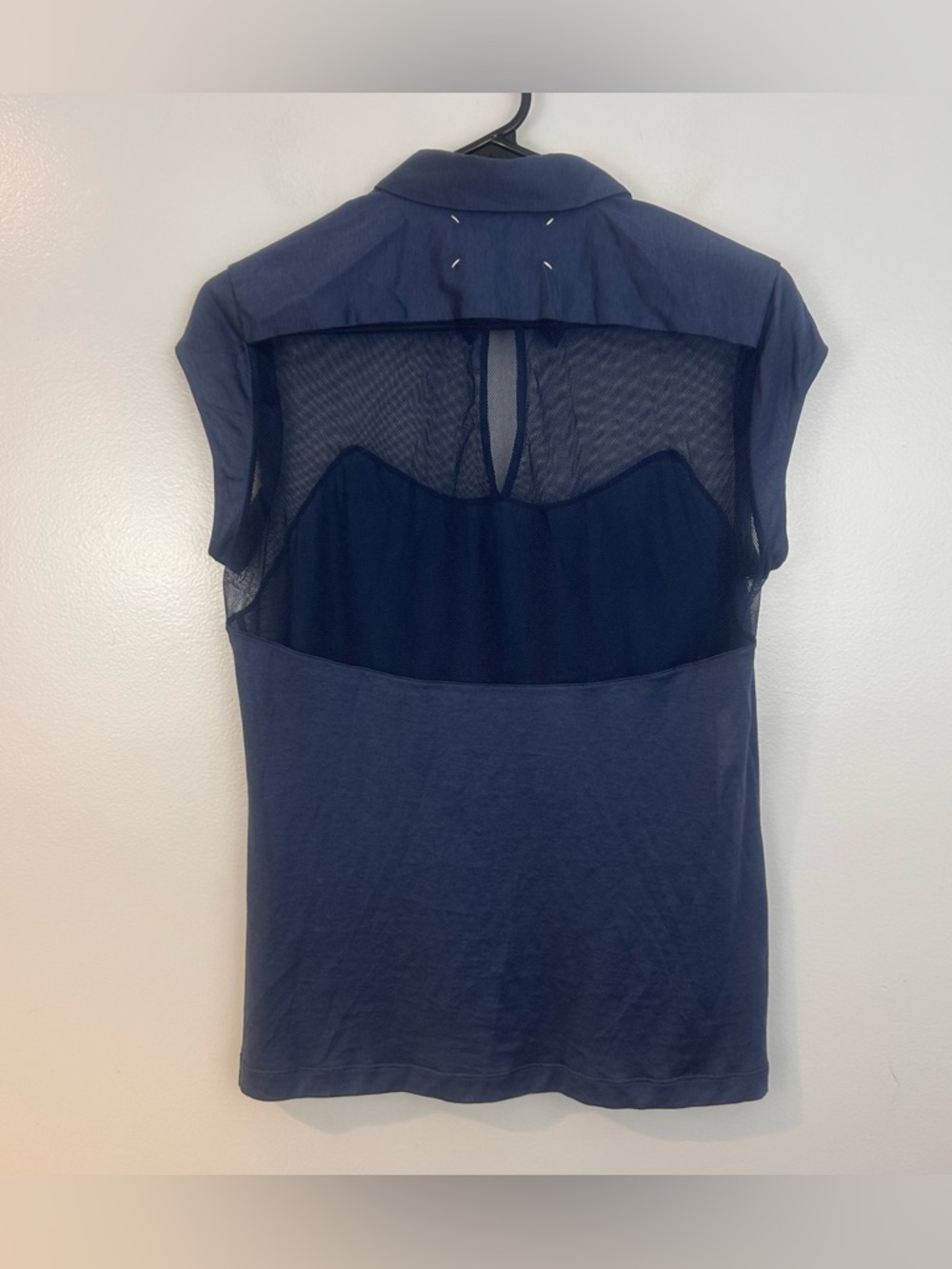 Maison Margiela Sheer Panel Mesh Keyhole Blue Lightweight Polo Top Size 10 - Picture 9 of 16